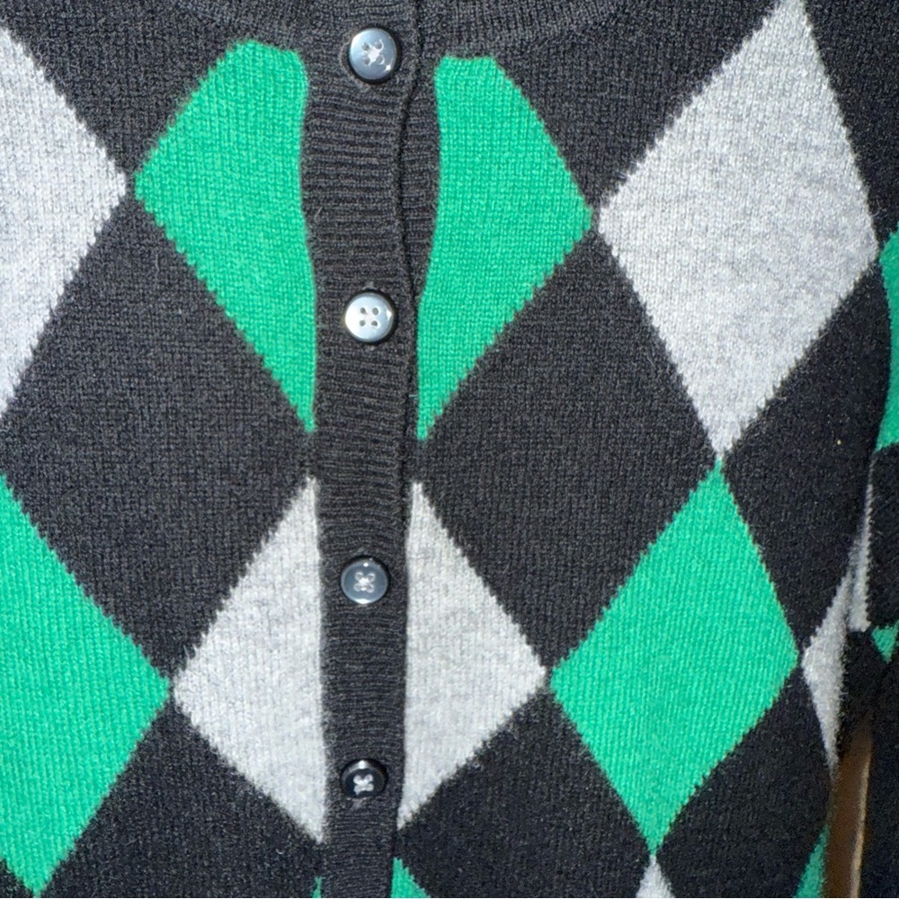 Quiet Luxury 100% Cashmere Cardigan Argyle Sweater Button Black Green Preppy - Picture 4 of 6